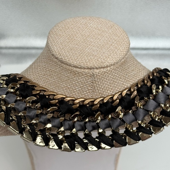 Stella & Dot Tempest Bib Necklace woven steel chain, rhinestones,silk ribbon. - Picture 6 of 7